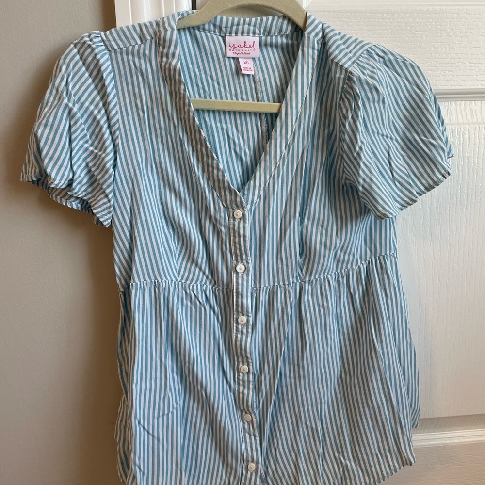 Isabel Maternity Blue and White Striped Button-Down Blouse